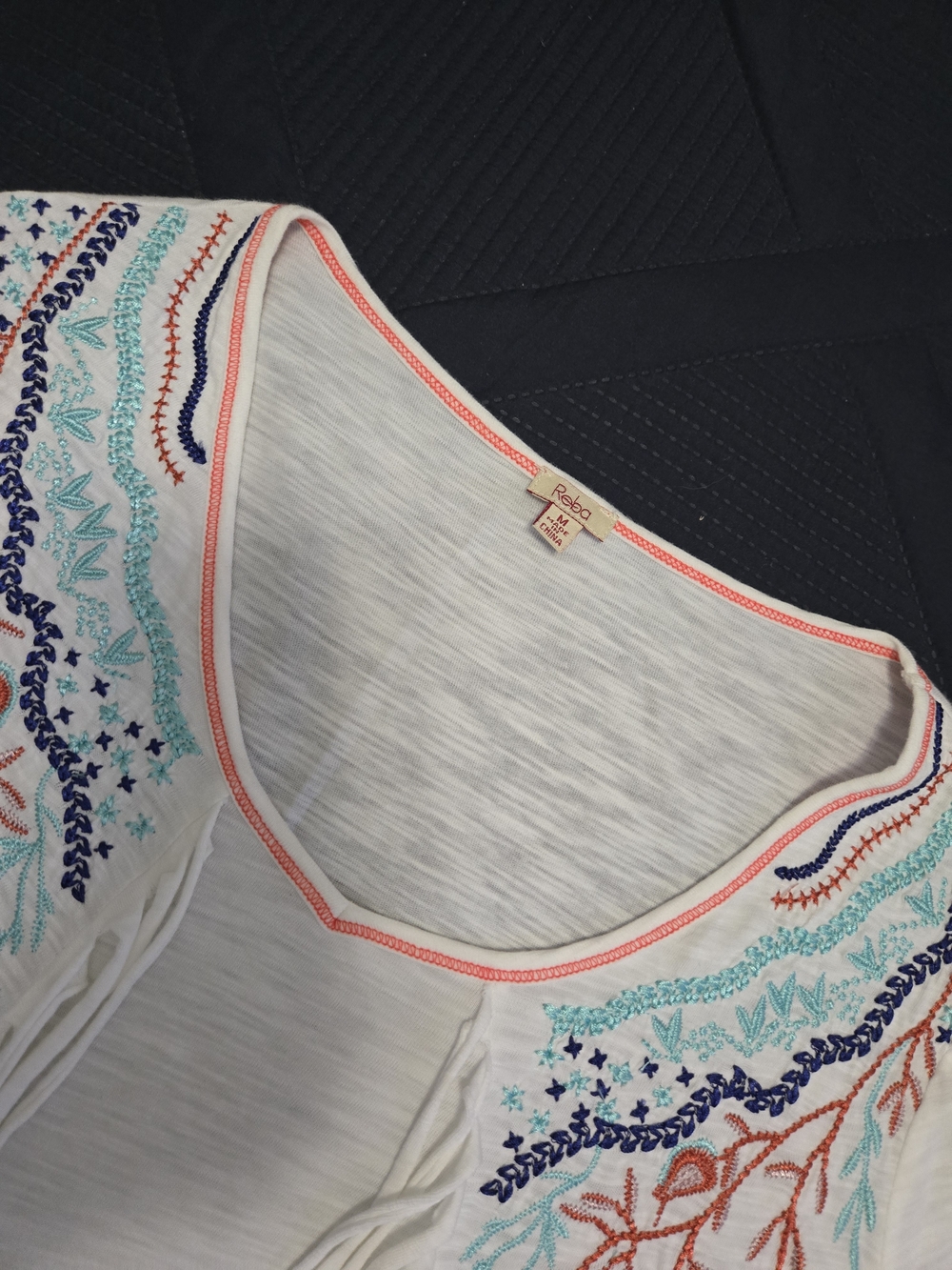 Reba White V-Neck Tunic with Coral Trim and Multicolor Embroidery